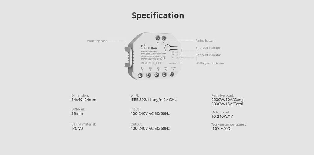 Двойное реле Wi-Fi Smart Switch DUAL R3 LITE, 2-ch, 230V 2x1650W, SONOFF SONOFF-DUALR3-LITE 6920075776966