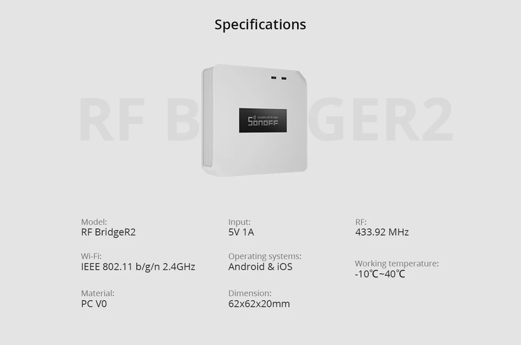 RF Bridge R2, Wi-Fi to 433MHz, SONOFF SONOFF-RFBRIDGE-R2