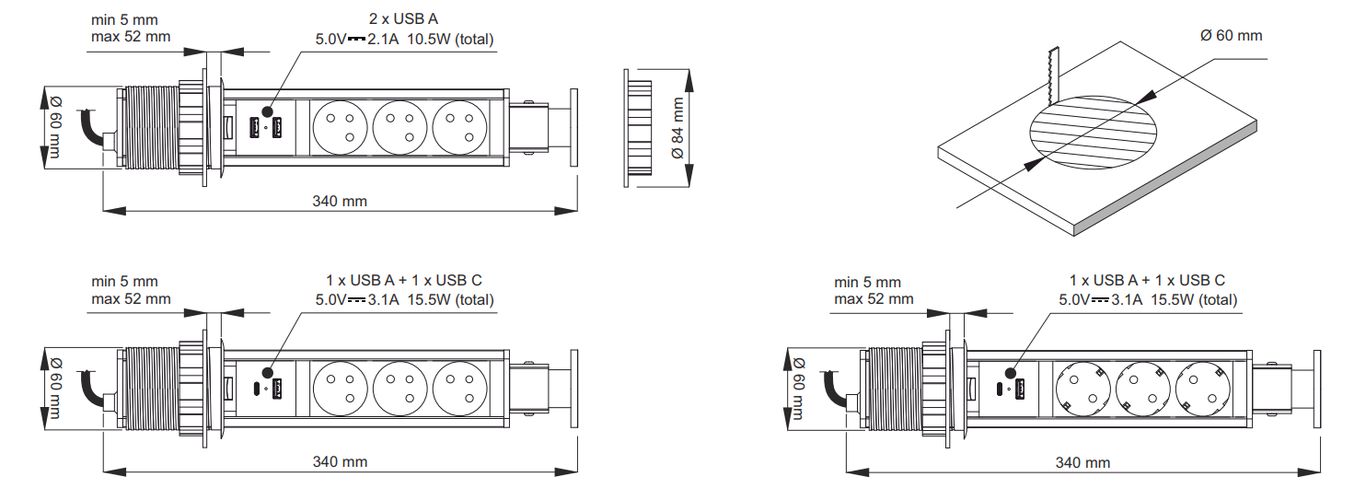Ilgiklis montuojamas balde LIFT BOX, 3x Schuko, 1x USB A, 1x USB C, su 1.5m ilgio laidu, juodas LIFTBOX-CZ-3DE-UAC-0 5908293405746
