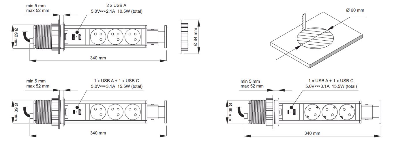 LIFT BOX furniture socket, 3 x Schuko, 1x USB, 1x USB C LIFTBOX-CZ-3DE-UAC-0