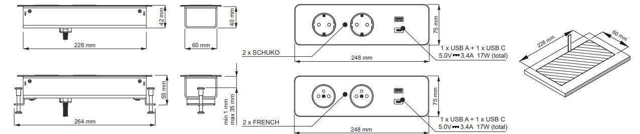 Furniture socket TAOBOX 2 x Schuko, 1x USB, 1x USB-C 1.5m Design Light TAOBOX-CZ-2DE-UAC-01 5908293408853