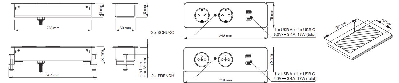 Mööbli pistikupesa TAOBOX 2 x Schuko, 1x USB, 1x USB-C 1,5m Design Light TAOBOX-CZ-2DE-UAC-01 5908293408853