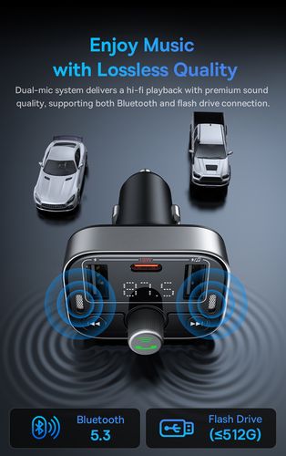 Automobilinis FM moduliatorius, įkroviklis su Bluetooth 5.3 2xUSB + USB-C, juodas C10762200113-00 6932172643355