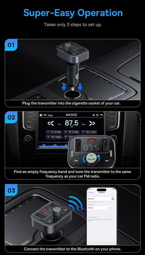 Automobilinis FM moduliatorius, įkroviklis su Bluetooth 5.3 2xUSB + USB-C, juodas C10762200113-00 6932172643355