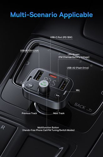 Automobilinis FM moduliatorius, įkroviklis su Bluetooth 5.3 2xUSB + USB-C, juodas C10762200113-00 6932172643355