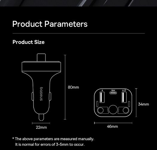 Automobilinis FM moduliatorius, įkroviklis su Bluetooth 5.3 2xUSB + USB-C, juodas C10762200113-00 6932172643355