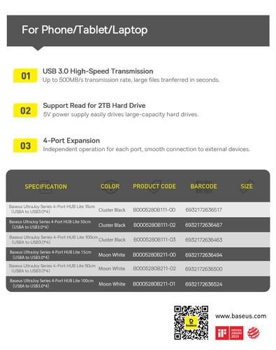 Šakotuvas USB-A 4 prievadų (USB 3.0) 50cm, juodas B0005280B111-02 6932172636487