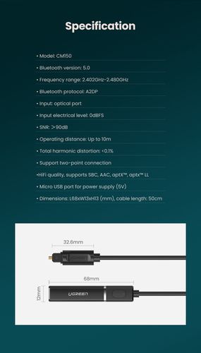 Wireless Bluetooth 5.0 aptX Audio Transmitter with Fiber Optic TOSLINK Plug UGREEN/50213 6957303852130