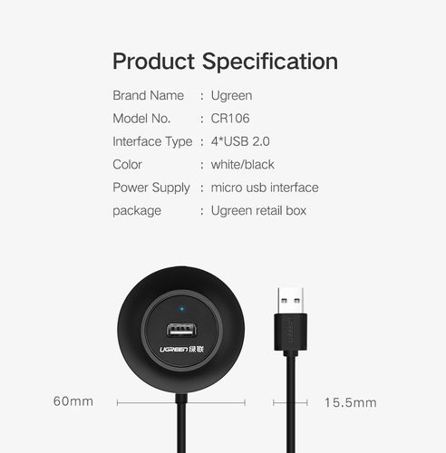 Концентратор USB-A 4-порта (USB 2.0) 1,0 м, черный UGREEN/20277 6957303822775