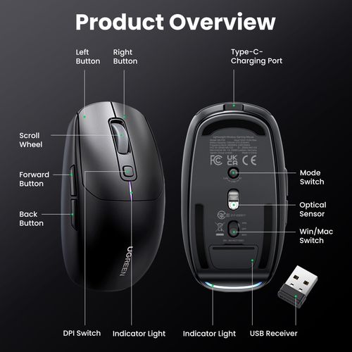 Wireless Rechargeable Gaming Mouse 2.4GHz/Bluetooth/USB-C, Black UGREEN/90539 6957303895397