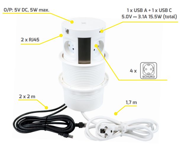 MULTIBOX furniture socket, 4xDE, 1x USB, 1x USB-C, QI, RJ45, 2m black Design light MULTIBOX-CZ-4DE-UAC 5908293405616