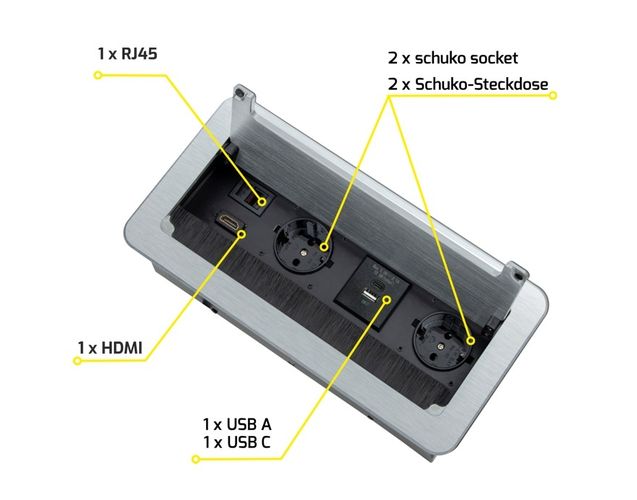 INBOX mööbli pistikupesa, 2 x Schuko, 1x USB, 1x USB-C, HDMI, RJ45 3m hõbedane INBOX-SR-DE-3.0-02 5908293405821