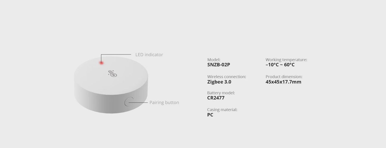 Nutikas juhtmevaba ruumi temperatuuri ja õhuniiskuse andur SNZB-02P, Zigbee 3.0, -10°C - +60°C, CR2477, SONOFF SONOFF-SNZB-02P 6920075740622