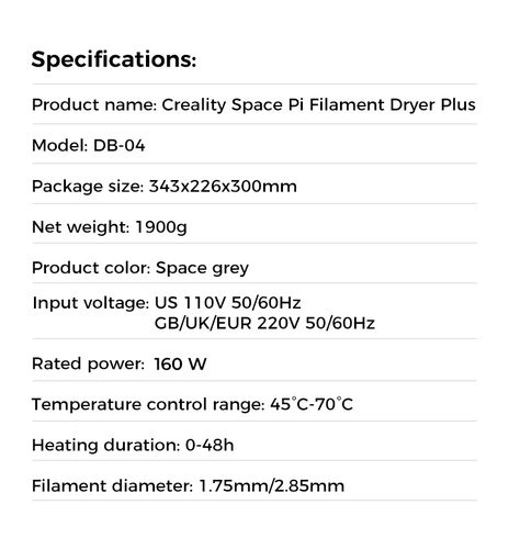 Filament dryer for 2 spools 45℃-70℃ Space Pi CREALITY CRE-4005010071 6971636402961