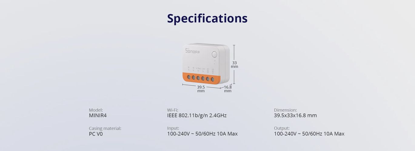 Smart WiFi switch MiniR4, 1 channel, 230V 10A, SONOFF SONOFF-MINIR4