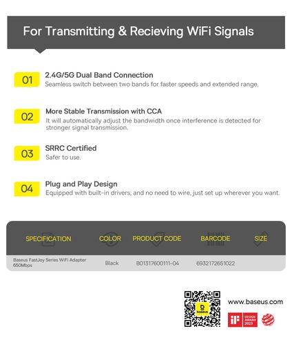 Wi-Fi USB adapteris 2.4GHz 200Mbit/s + 5GHz 433Mbit/s, juodas B01317600111-04 6932172651022