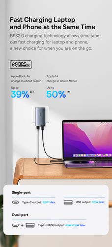 Настенное зарядное устройство GaN5 Pro Ultra-Slim 65W USB + USB-C QC3.0 PD3.0 с кабелем USB-C 1м, серый CCGP150113 6932172618353