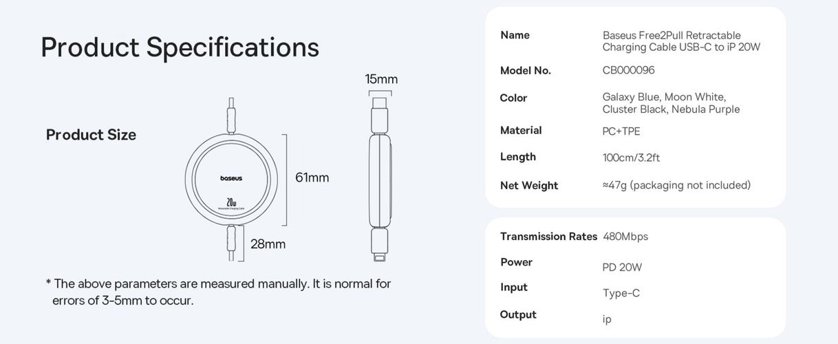 Kabelis USB C - IP Lightning 20W 1m suvyniojamas juodas Free2Pull BASEUS P10364501111-00 6932172661359