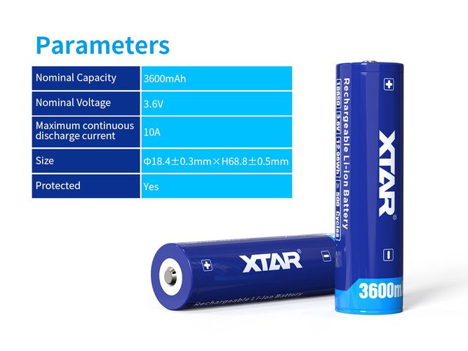 Akumuliatorius 18650 3.6V 3600mAh Li-Ion su integruotu krovimo valdikliu PCM XTAR 18650/3600/PCB 6952918300786