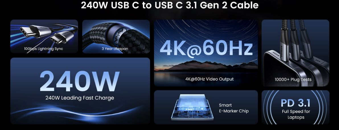 Cable USB C male - USB C male 1m 3.2 Gen2 100W 10Gbps 4K@60Hz US355 UGREEN UGREEN/80150 6957303881505