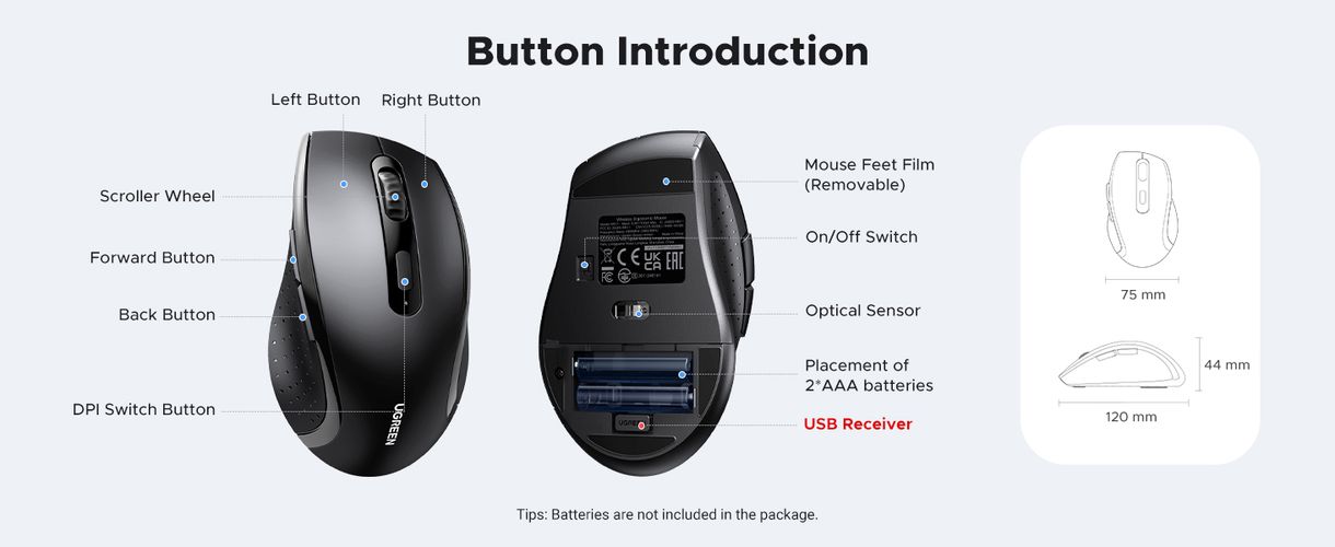 Wireless Ergonomic Mouse 2.4GHz, Black UGREEN/45012 6941876240128