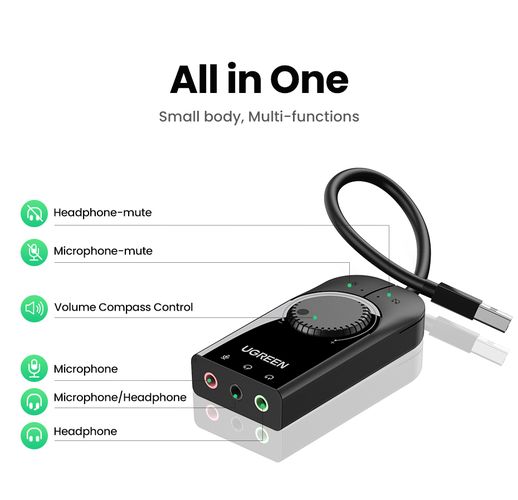 External Sound Card Adapter USB 2.0 with Volume Control & Mute Function, Black UGREEN/40964 6957303849642