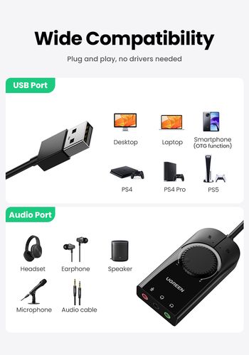 External Sound Card Adapter USB 2.0 with Volume Control & Mute Function, Black UGREEN/40964 6957303849642