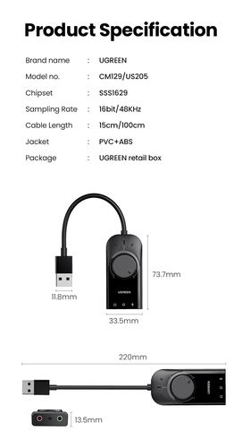 External Sound Card Adapter USB 2.0 with Volume Control & Mute Function, Black UGREEN/40964 6957303849642