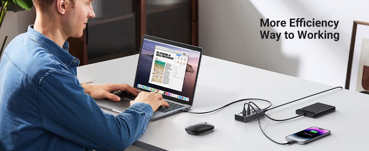 Šakotuvas USB 7 prievadų (USB-A 3.0, 4x krovimui) su maitinimo adapteriu DC 12V/2A, pilkas UGREEN/90307 6957303893072