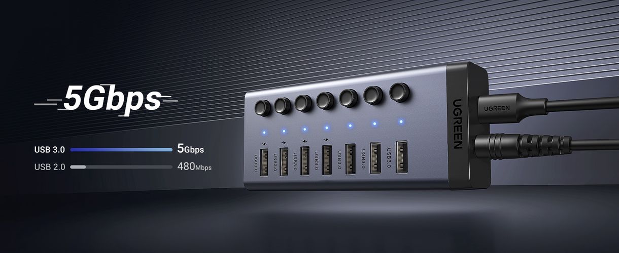 Šakotuvas USB 7 prievadų (USB-A 3.0, 4x krovimui) su maitinimo adapteriu DC 12V/2A, pilkas UGREEN/90307 6957303893072