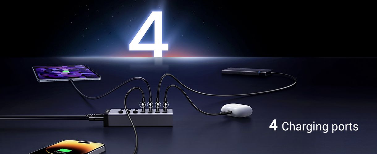 Šakotuvas USB 7 prievadų (USB-A 3.0, 4x krovimui) su maitinimo adapteriu DC 12V/2A, pilkas UGREEN/90307 6957303893072