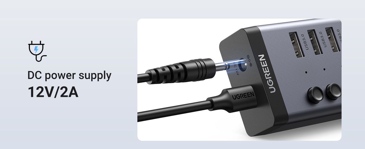Šakotuvas USB 7 prievadų (USB-A 3.0, 4x krovimui) su maitinimo adapteriu DC 12V/2A, pilkas UGREEN/90307 6957303893072