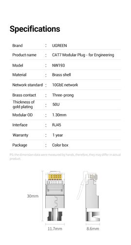 Сетевой модульный разъем RJ45 (8P8C) CAT7 STP для одножильного и многожильного кабеля (10 шт.) UGREEN/50634 6957303856343