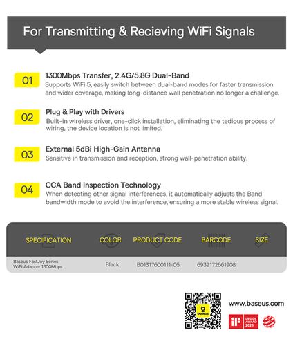 Wi-Fi USB adapteris 2.4GHz 400Mbit/s + 5GHz 867Mbit/s su išorine antena 2x5dBi, juodas B01317600111-05