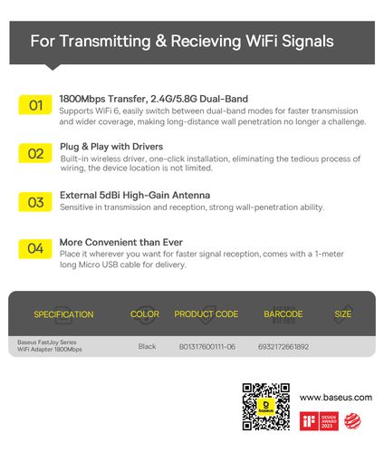 Wi-Fi USB Dual-band Adapter 2.4GHz 600Mbps + 5GHz 1200Mbps with External Antenna 2x5dBi, Black B01317600111-06 6932172661892