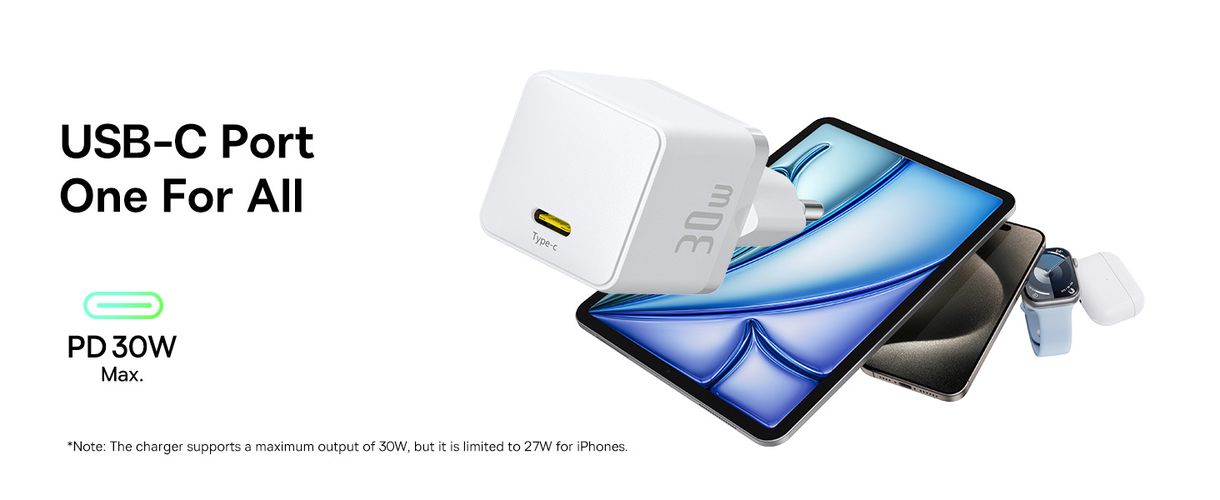 Wall Fast Charger Palm 30W USB-C QC3.0 PD3.0 with USB-C Cable 1m, White P10111605213-01 6932172677404