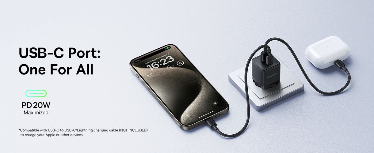 Wall Fast Charger Palm 20W USB + USB-C QC3.0 PD3.0 with USB-C Cable 1m, Black P10111608113-01