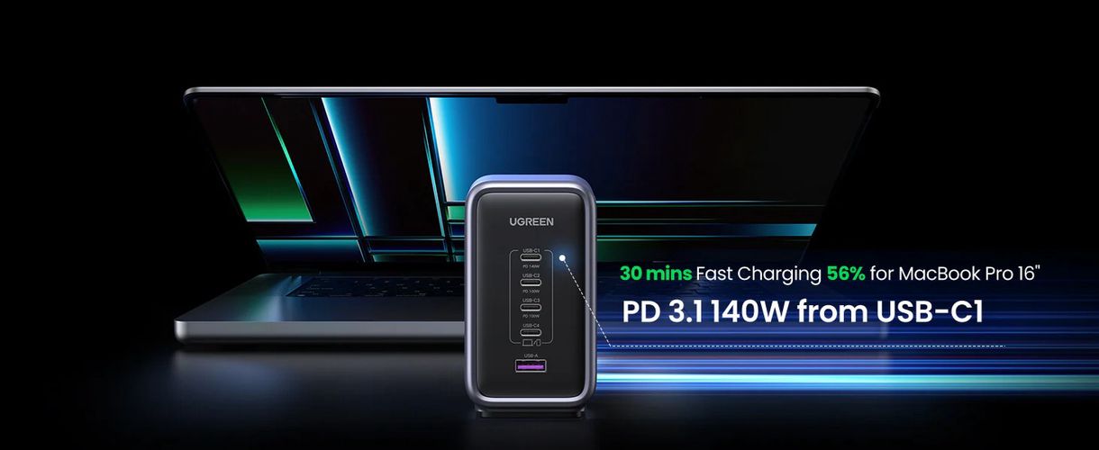 Desktop Fast Charger Nexode 300W USB-A + 4xUSB-C QC4.0+ PD3.1, Black UGREEN/90903B