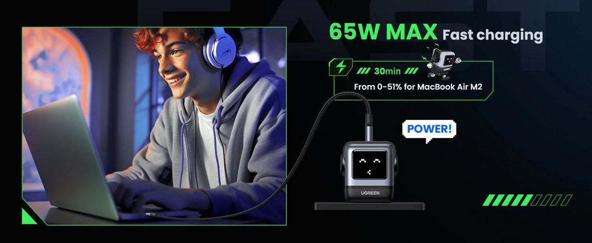 Wall Quick Charger Nexode Robot GaN 65W USB-A + 2xUSB-C QC4.0+ PD3.0, Black UGREEN/25685B 6941876236688