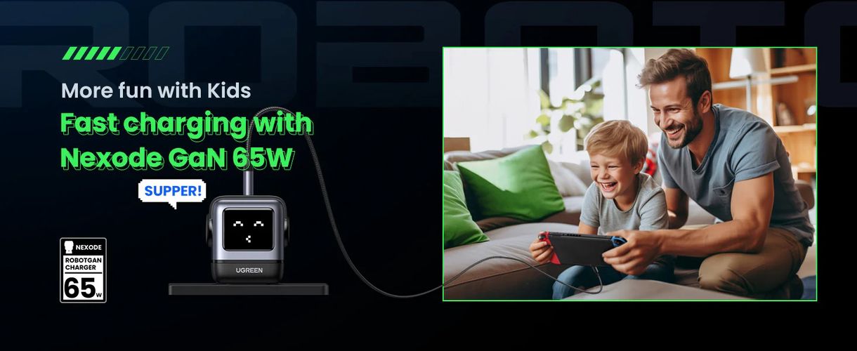 Wall Quick Charger Nexode Robot GaN 65W USB-A + 2xUSB-C QC4.0+ PD3.0, Black UGREEN/25685B 6941876236688