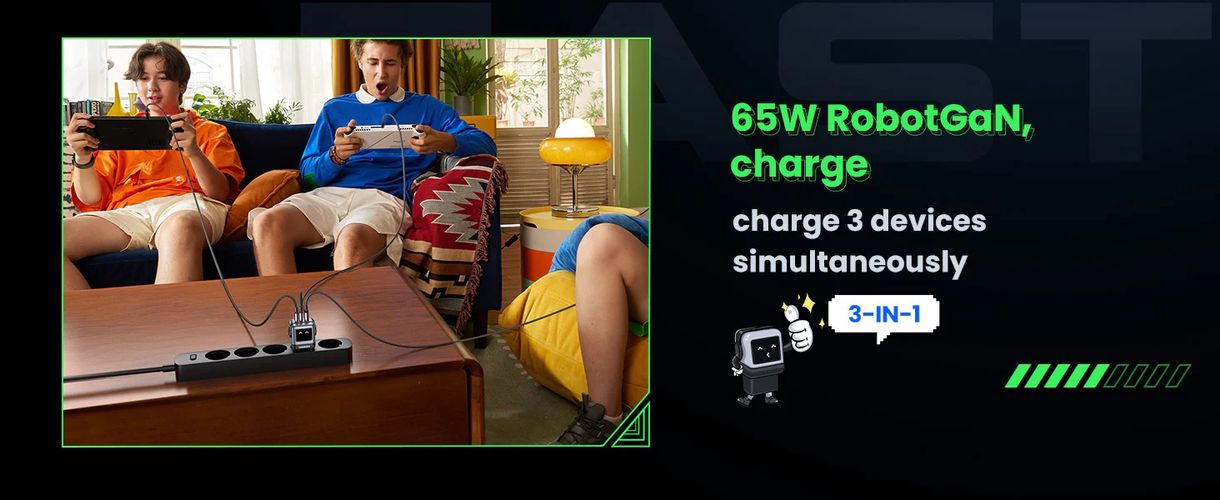 Wall Quick Charger Nexode Robot GaN 65W USB-A + 2xUSB-C QC4.0+ PD3.0, Black UGREEN/25685B 6941876236688