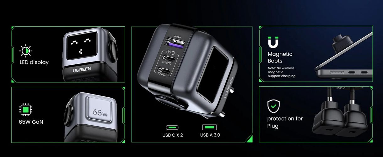 Wall Quick Charger Nexode Robot GaN 65W USB-A + 2xUSB-C QC4.0+ PD3.0, Black UGREEN/25685B 6941876236688
