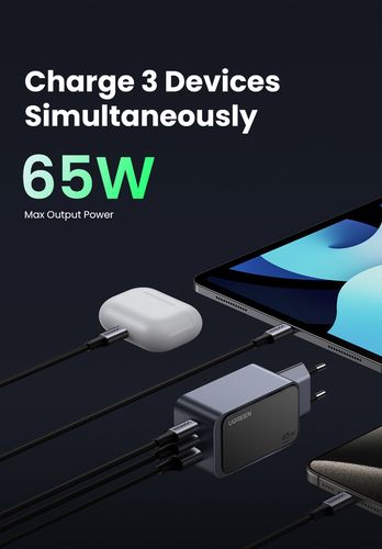 Sieninis įkroviklis Nexode S GaN 65W USB-A + 2xUSB-C QC4.0+ PD3.0, pilkas UGREEN/35042 6941876230426