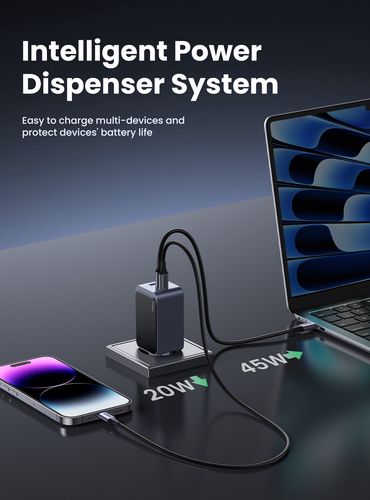 Sieninis įkroviklis Nexode S GaN 65W USB-A + 2xUSB-C QC4.0+ PD3.0, pilkas UGREEN/35042 6941876230426