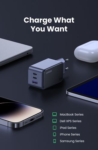 Sieninis įkroviklis Nexode S GaN 65W USB-A + 2xUSB-C QC4.0+ PD3.0, pilkas UGREEN/35042 6941876230426