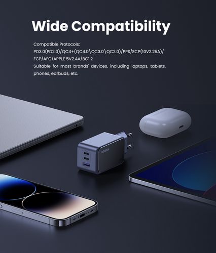 Sieninis įkroviklis Nexode S GaN 65W USB-A + 2xUSB-C QC4.0+ PD3.0, pilkas UGREEN/35042 6941876230426