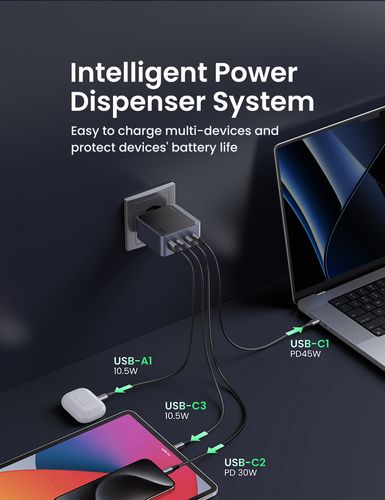 Wall Quick Charger Nexode S GaN 100W USB-A + 3xUSB-C QC4.0+ PD3.0, Grey UGREEN/35043