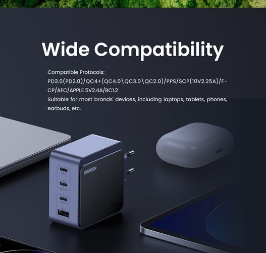 Wall Quick Charger Nexode S GaN 100W USB-A + 3xUSB-C QC4.0+ PD3.0, Grey UGREEN/35043