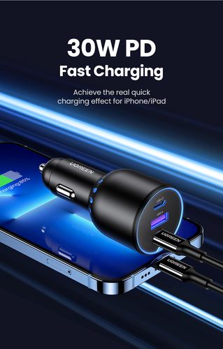 Automobilinis įkroviklis 130W 12-24V USB-A + 2xUSB-C QC3.0 PD3.0, pilkas UGREEN/90413