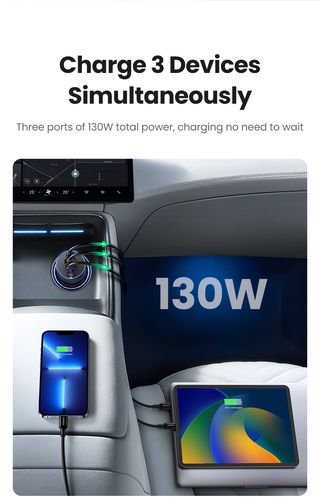 Automobilinis įkroviklis 130W 12-24V USB-A + 2xUSB-C QC3.0 PD3.0, pilkas UGREEN/90413